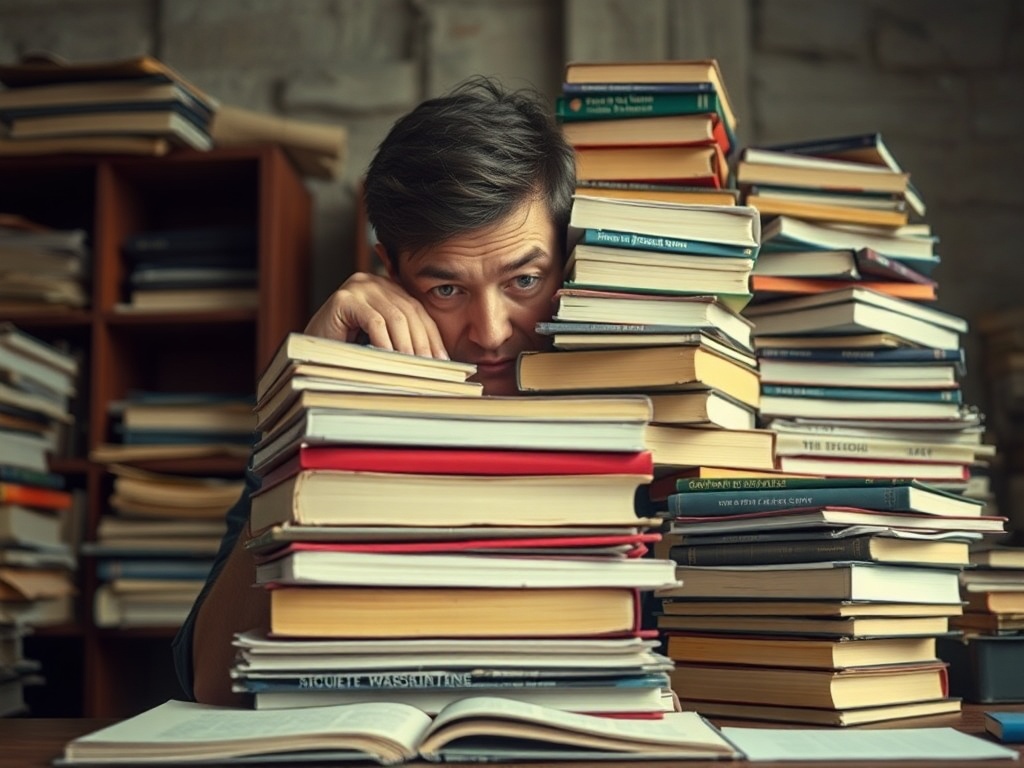 책상 위에 산더미처럼 쌓인 책들 앞에서 어떤 책부터 읽어야 할지 몰라 혼란스러워하는 사람의 모습