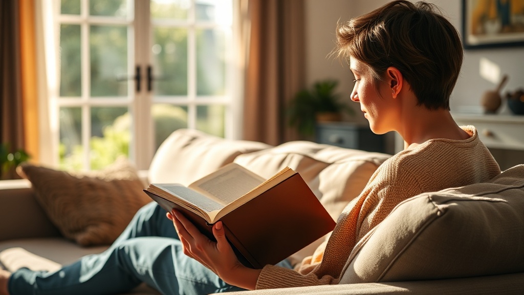 따뜻한 햇살이 들어오는 거실 소파에 앉아 집중해서 책을 읽고 있는 사람의 평온한 모습
