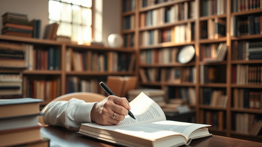 조용한 서재에서 책을 옆에 두고 정성스럽게 독서 노트를 작성하고 있는 사람의 모습